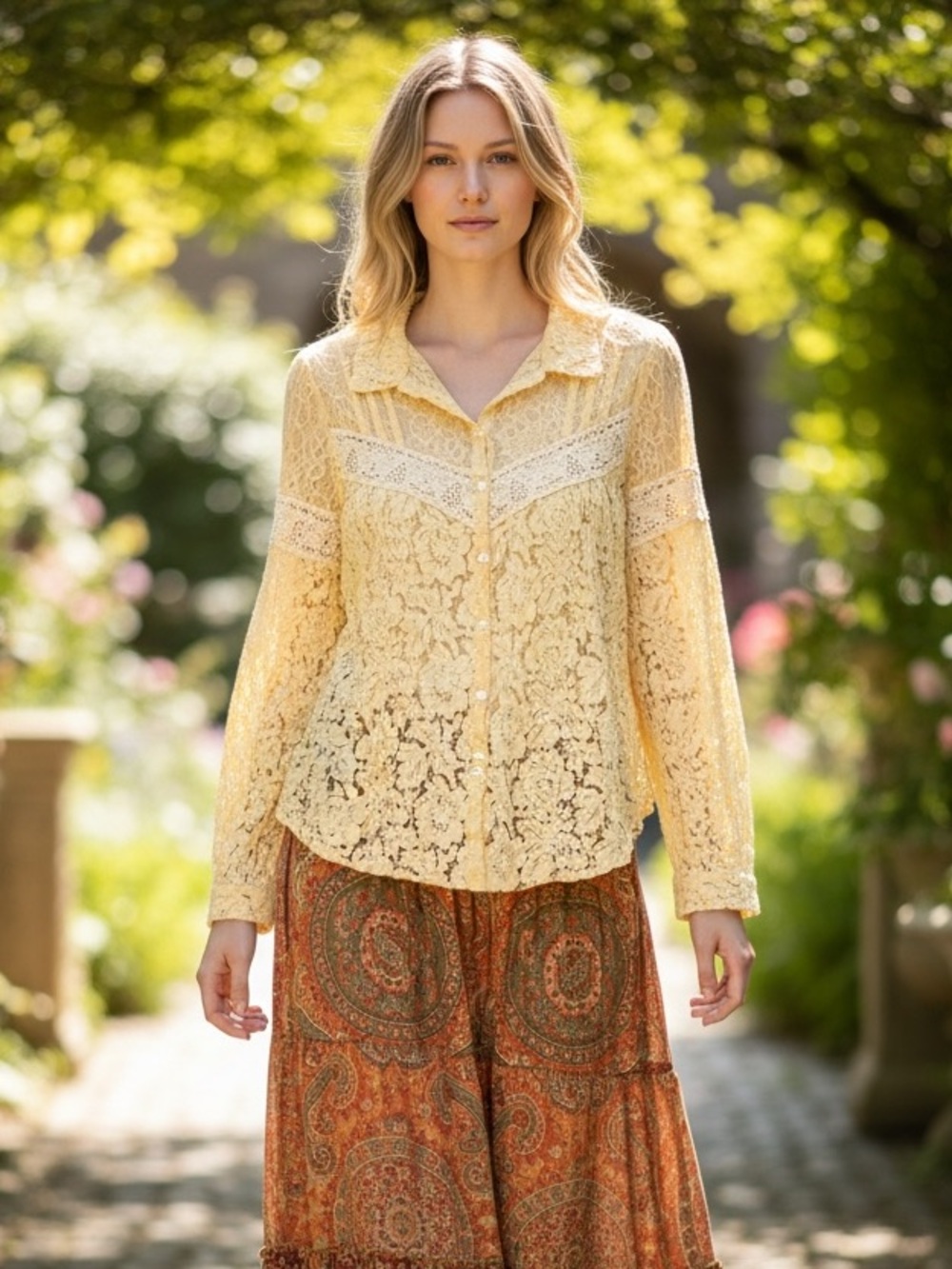 Jaded Gypsy L/XL Lace Button-Front Floral Medley Blouse in Soft Yellow